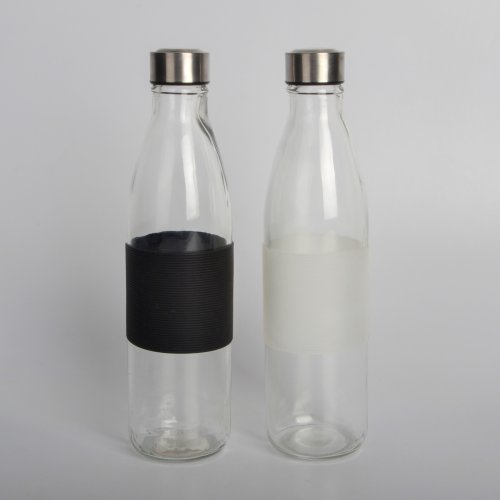 Botella de vidrio transparente con cintur?n silicona bco/ngro surtido 1lt